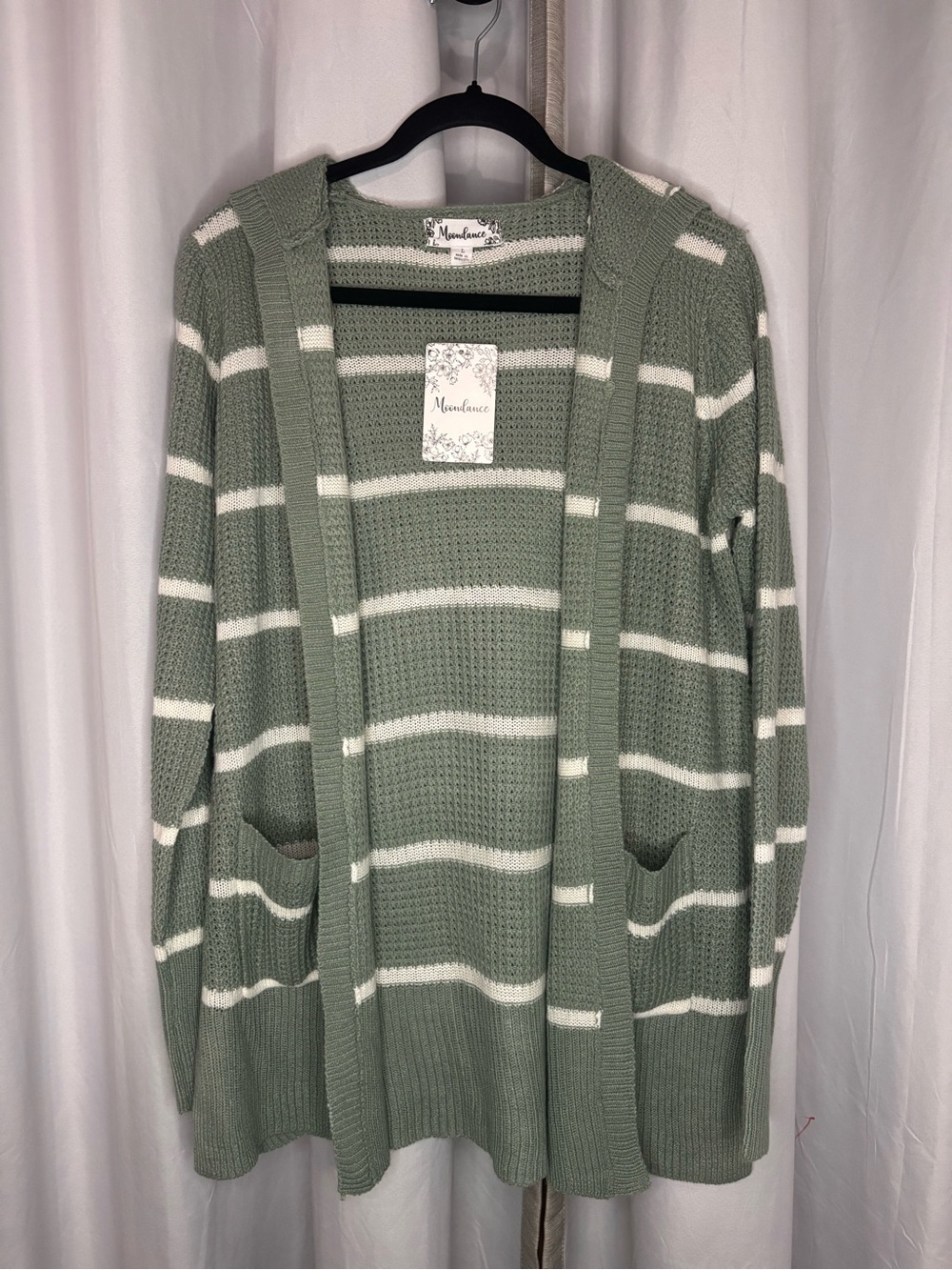 Open-Front Sage Green & White Striped Hooded Cardigan